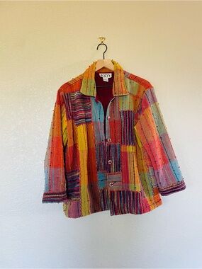 Vintage KEREN hart Vibrant Rainbow Tapestry Jacket